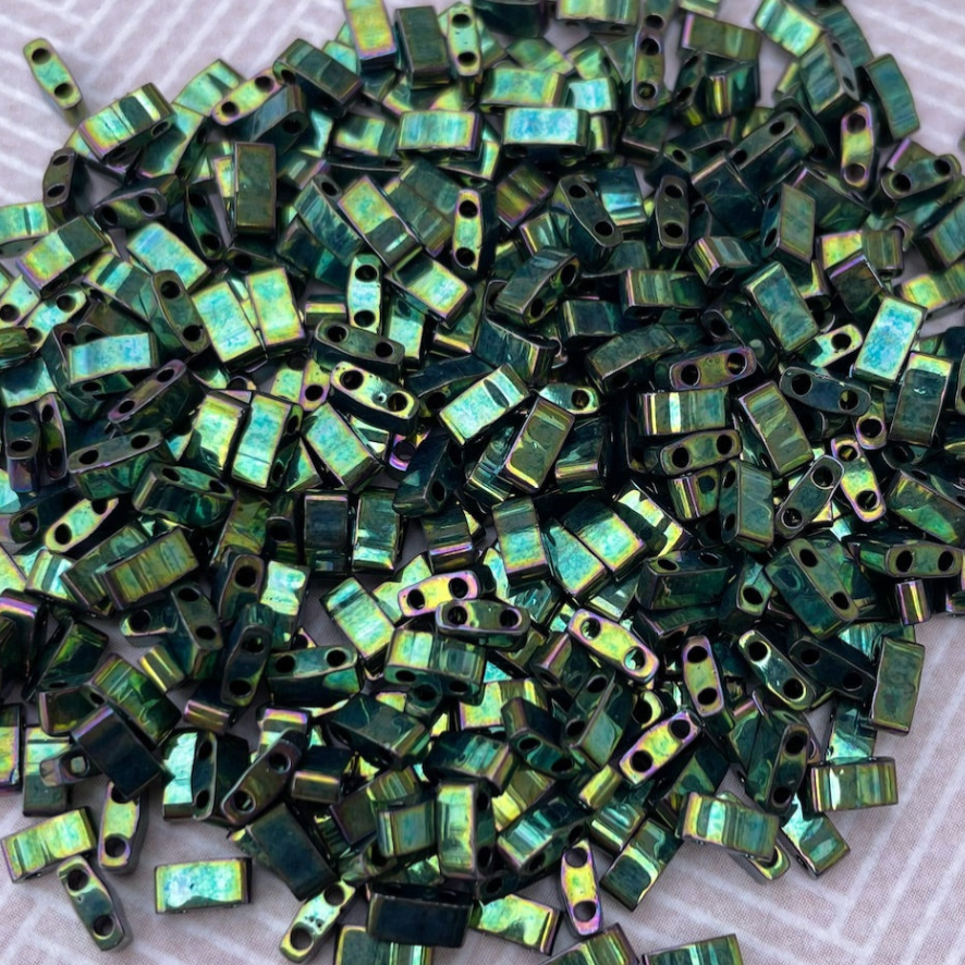 Metallic Green Iris Miyuki Half Tila Beads - 8 grams