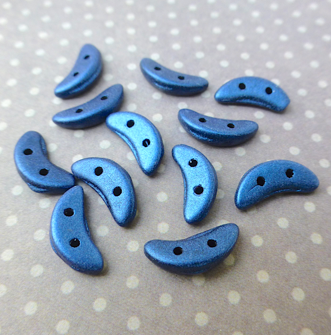 Metallic Suede Blue Glass Crescent Beads 2-hole Czech Glass Beads - 50 beads
