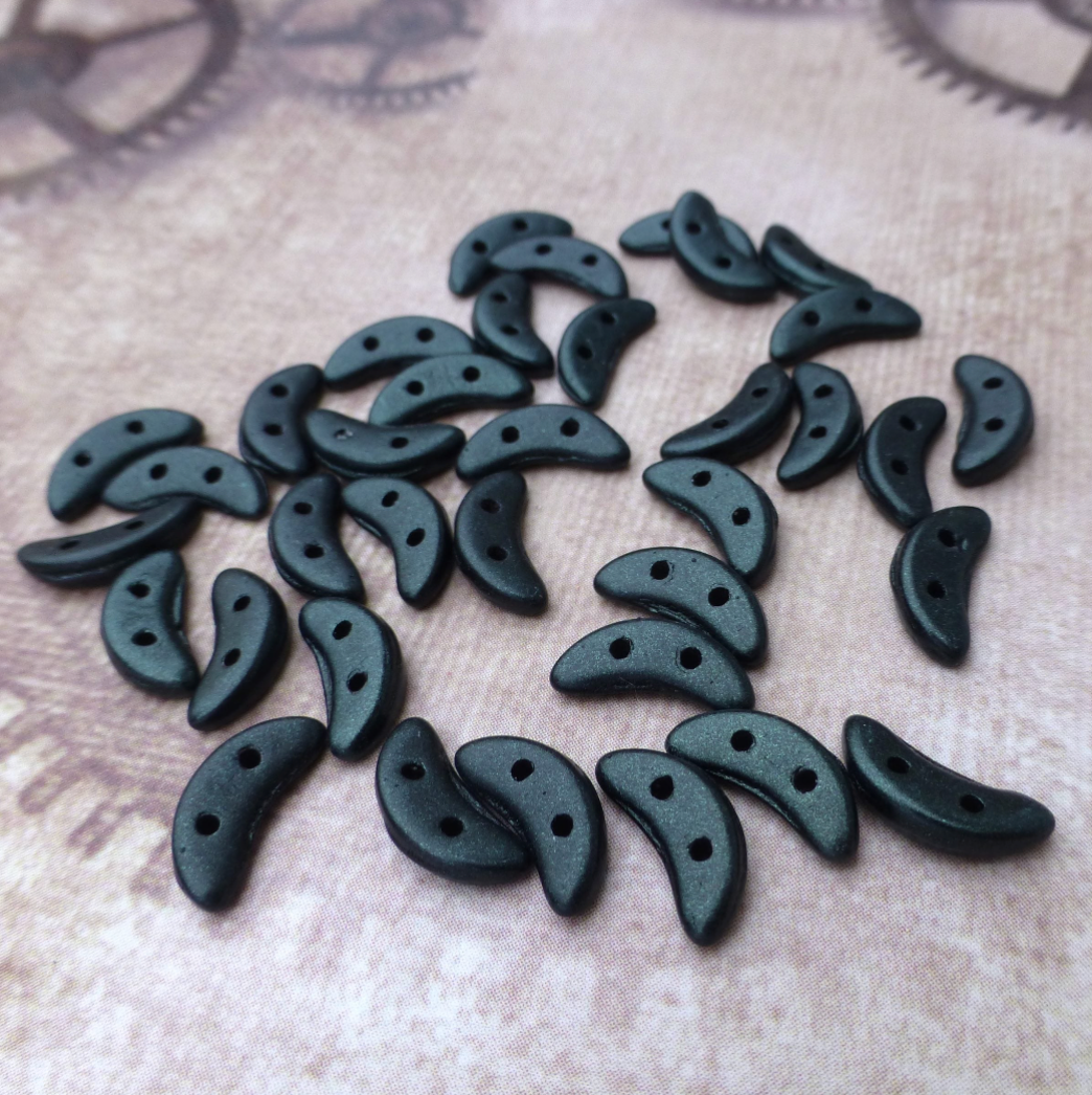 Metallic Suede Dark Forest Glass Crescent Beads 2-hole Czech Glass Beads - 50 beads