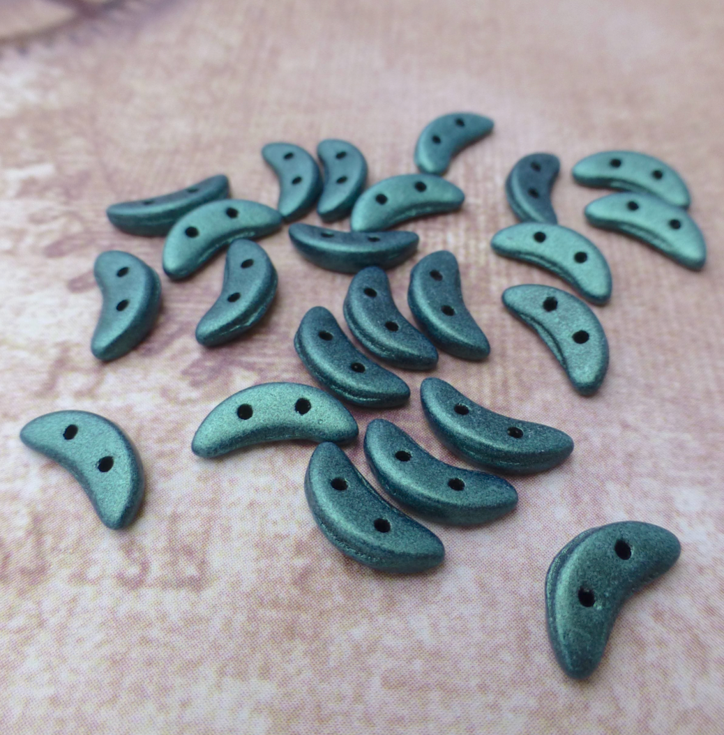 Metallic Suede Light Green Glass Crescent Beads 2-hole Czech Glass Beads - 50 beads