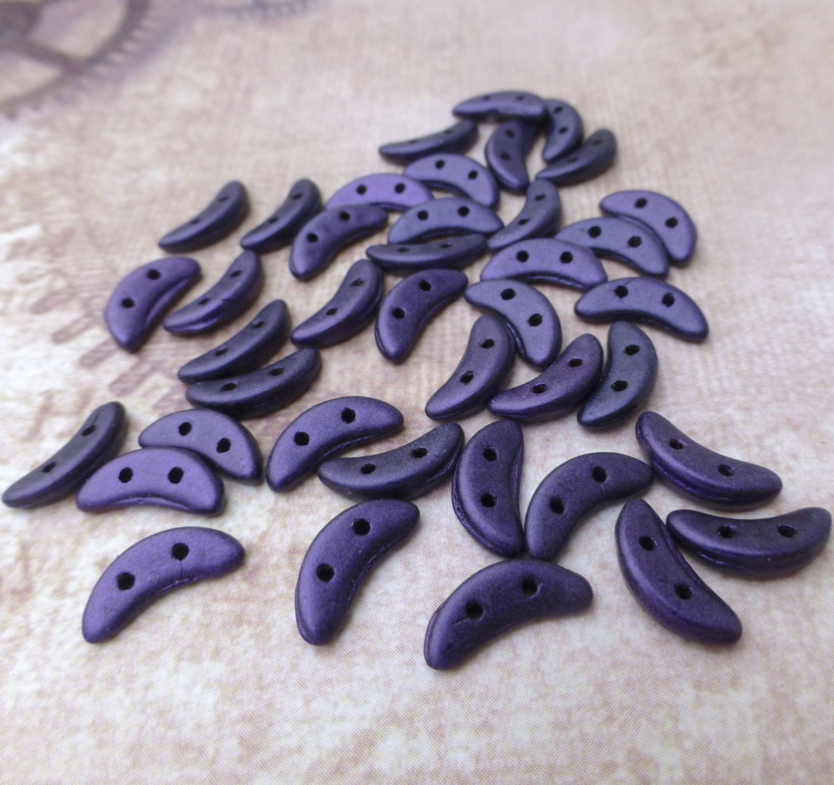 Metallic Suede Purple Glass Crescent Beads 2-hole Czech Glass Beads - 50 beads