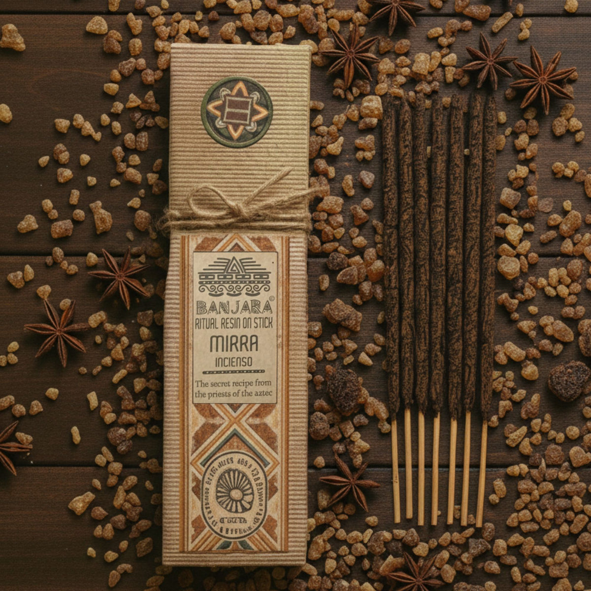 Incense stick packaging with star anise and other spices on a wooden surface