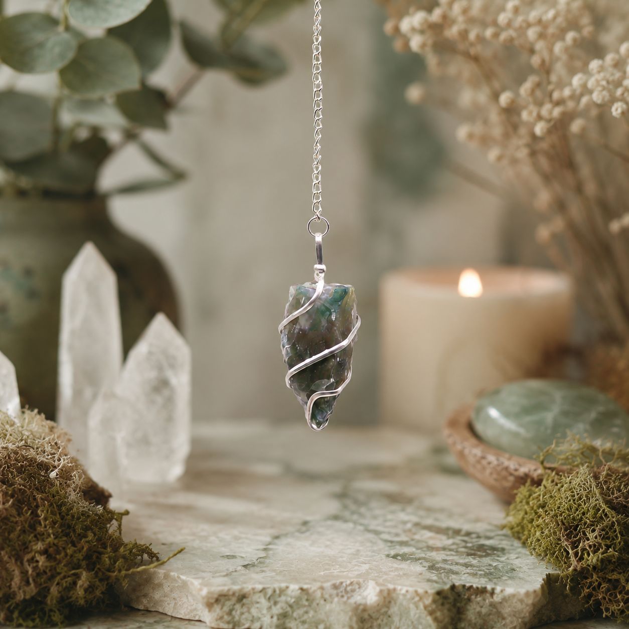 Moss Agate Raw Gemstone Pendulum