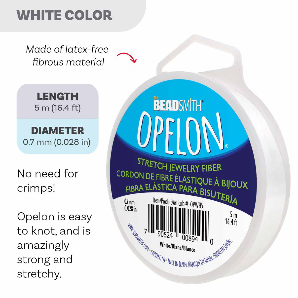 White Opelon 0.7mm Elastic Thread Stretch Jewellery Cord 5 meters