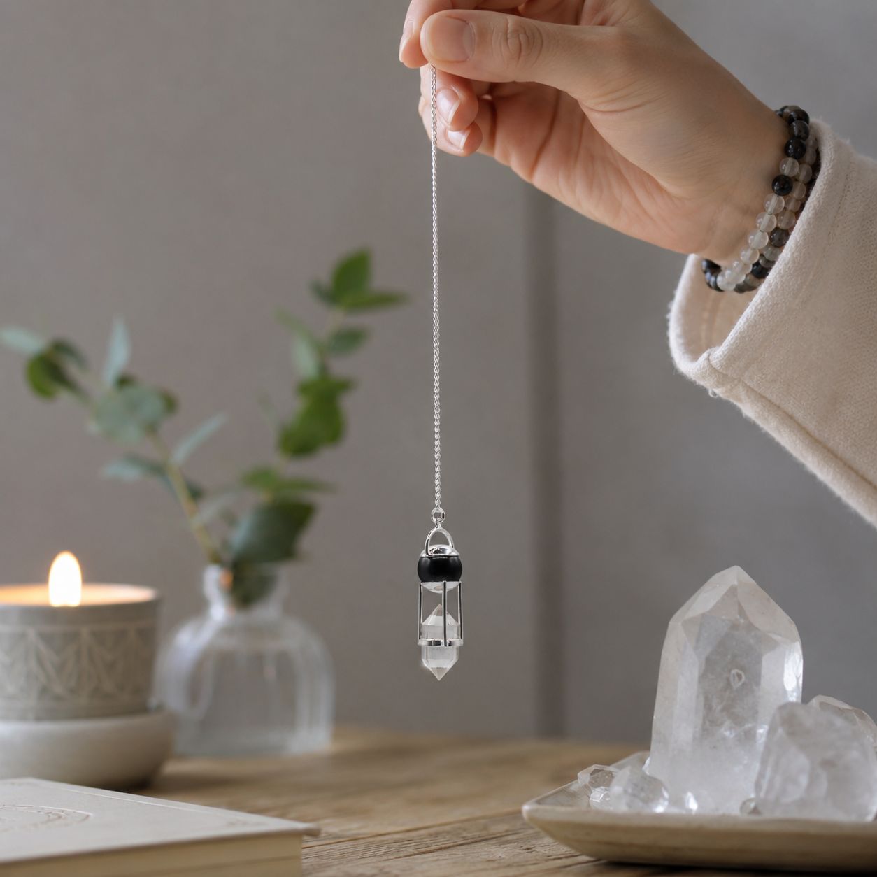Obsidian, Clear Quartz Double Power Pendulum Shadow Seer