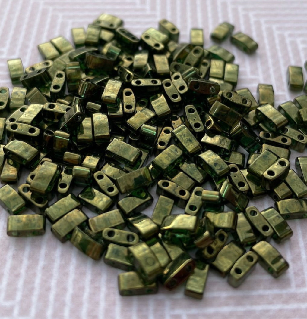 Olive Green Gold Luster Miyuki Half Tila Beads - 8 grams