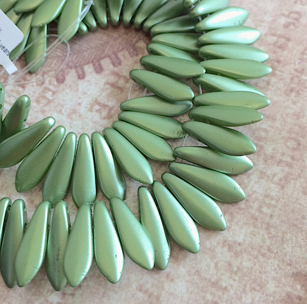 Olive Green Two Hole Dagger Beads Czech Pressed Glass Beads - Pack of 10 grams