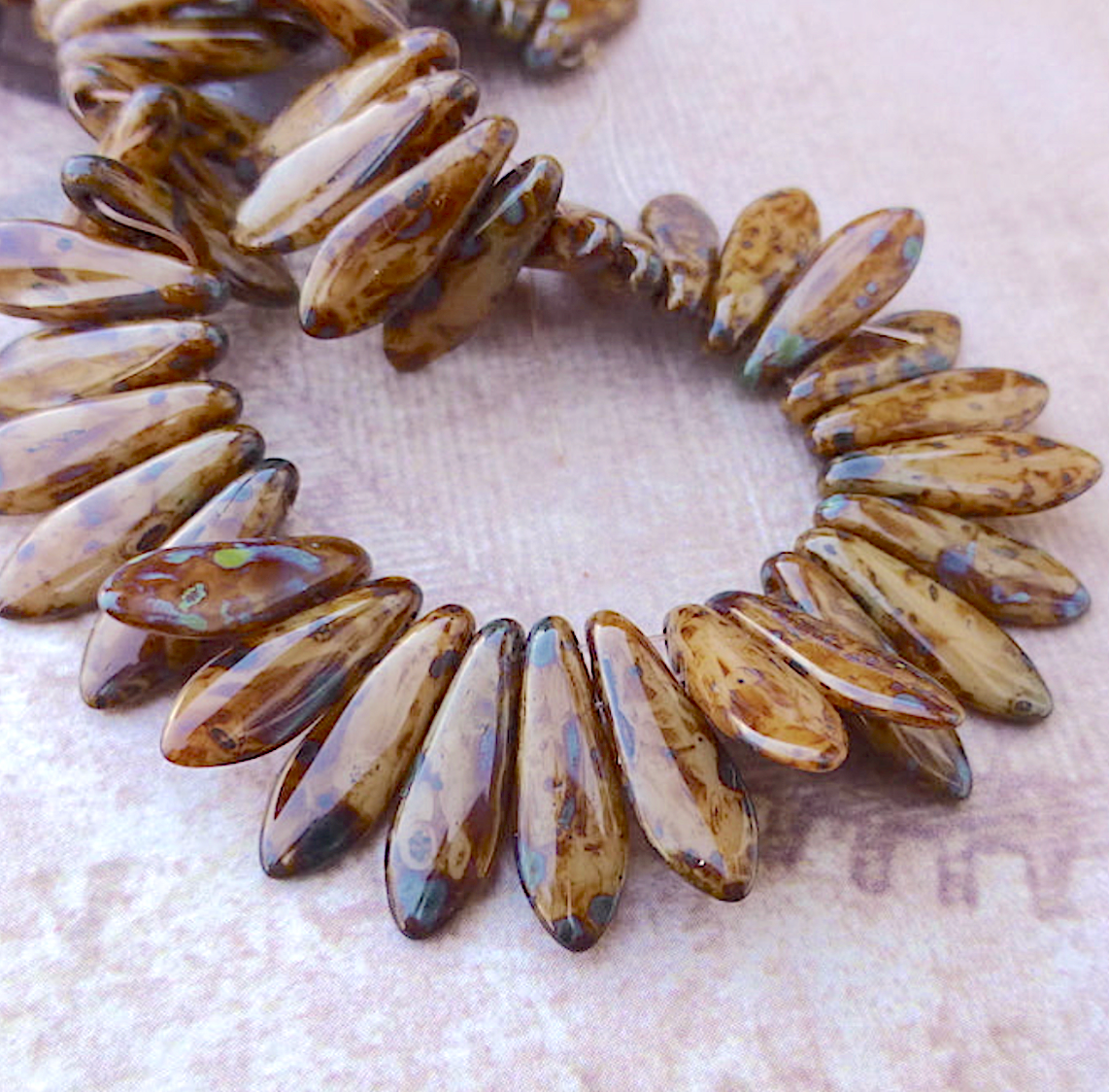 Opaque Beige Two Hole Dagger Beads Czech Pressed Glass Beads - Pack of 10 grams