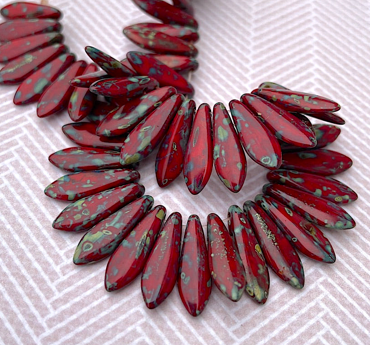 Opaque Red Picasso Two Hole Dagger Beads Czech Pressed Glass Beads - Pack of 10 grams