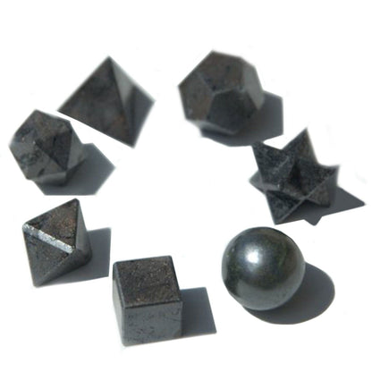 Platonic Solids Geometric Seven Piece Black Agate Set Sacred Geometry