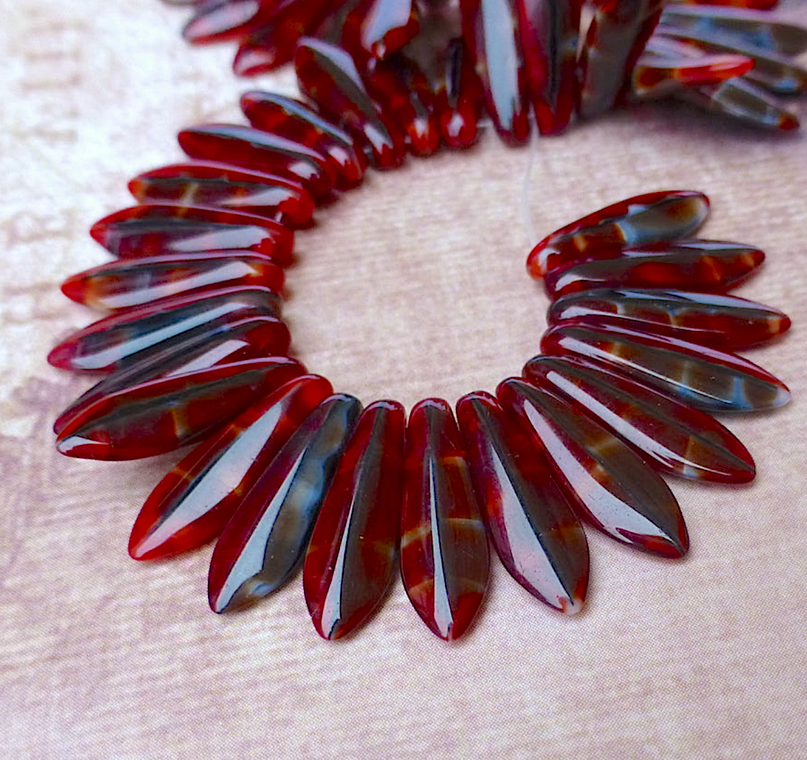 Red with Black Swirl Two Hole Dagger Beads Czech Pressed Glass Beads - Pack of 10 grams