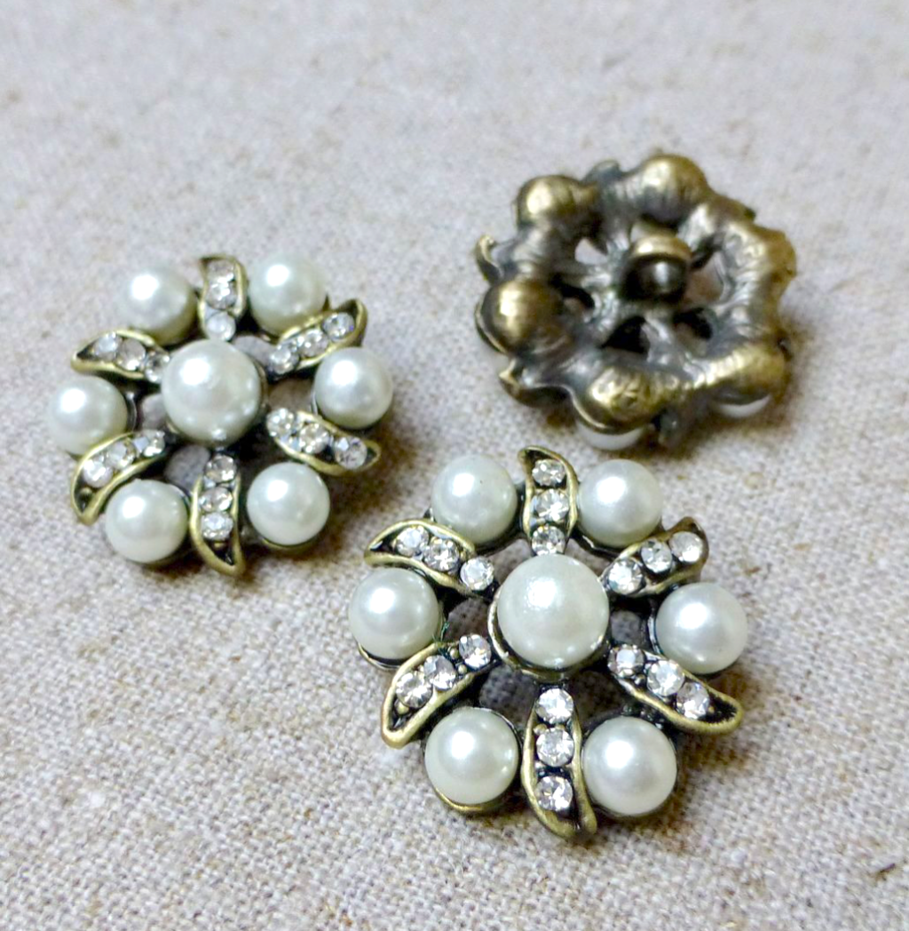 Rhinestone and Faux Pearl Shank Bronze Button Pack of 2