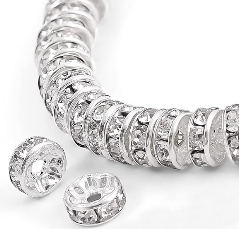 Rondelle Spacer Beads Silver and Rhinestone Metal Beads - Pack of 20