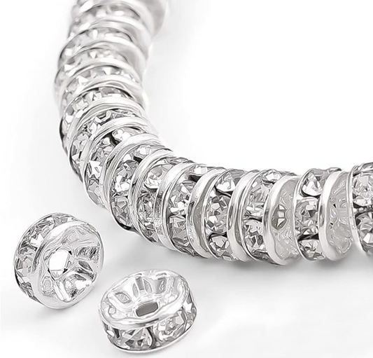 Rondelle Spacer Beads Silver and Rhinestone Metal Beads - Pack of 20