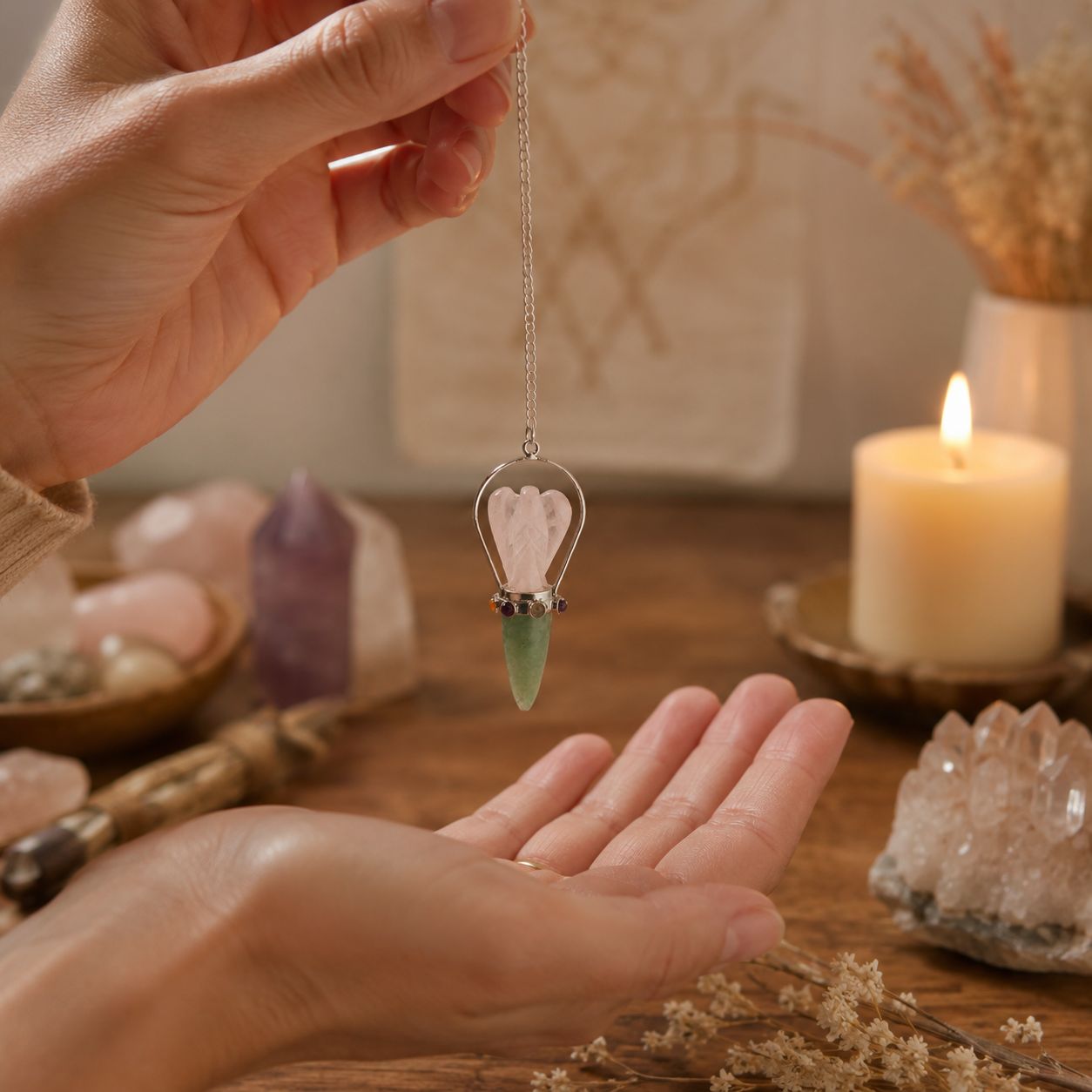 Rose Quartz, Green Aventurine Angel Pendulum with Chakra Band The Heart Oracle 