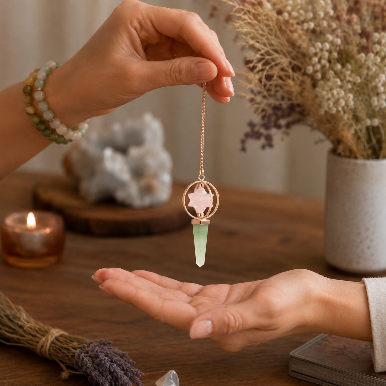 Rose Quartz & Green Aventurine Spinning Merkaba Star in Copper Pendulum Heart Compass