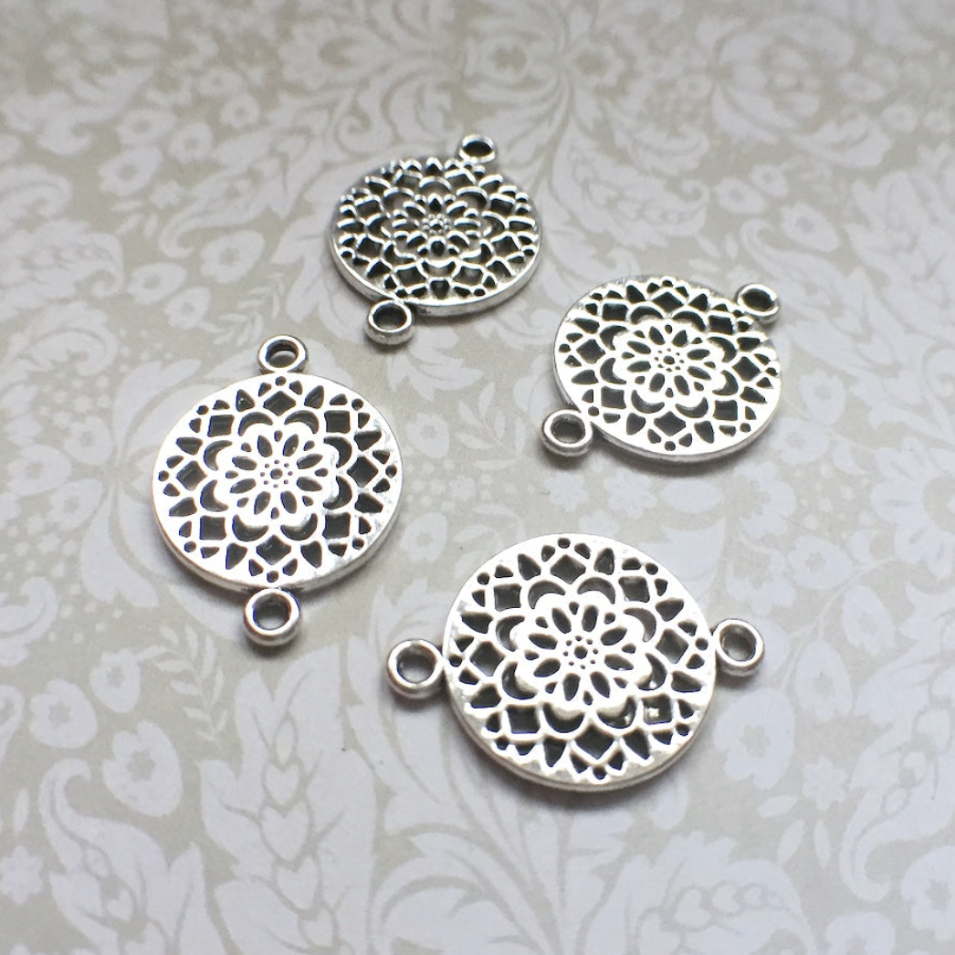 Round Floral Filigree Connector Antique Silver Colour - Pack of 10