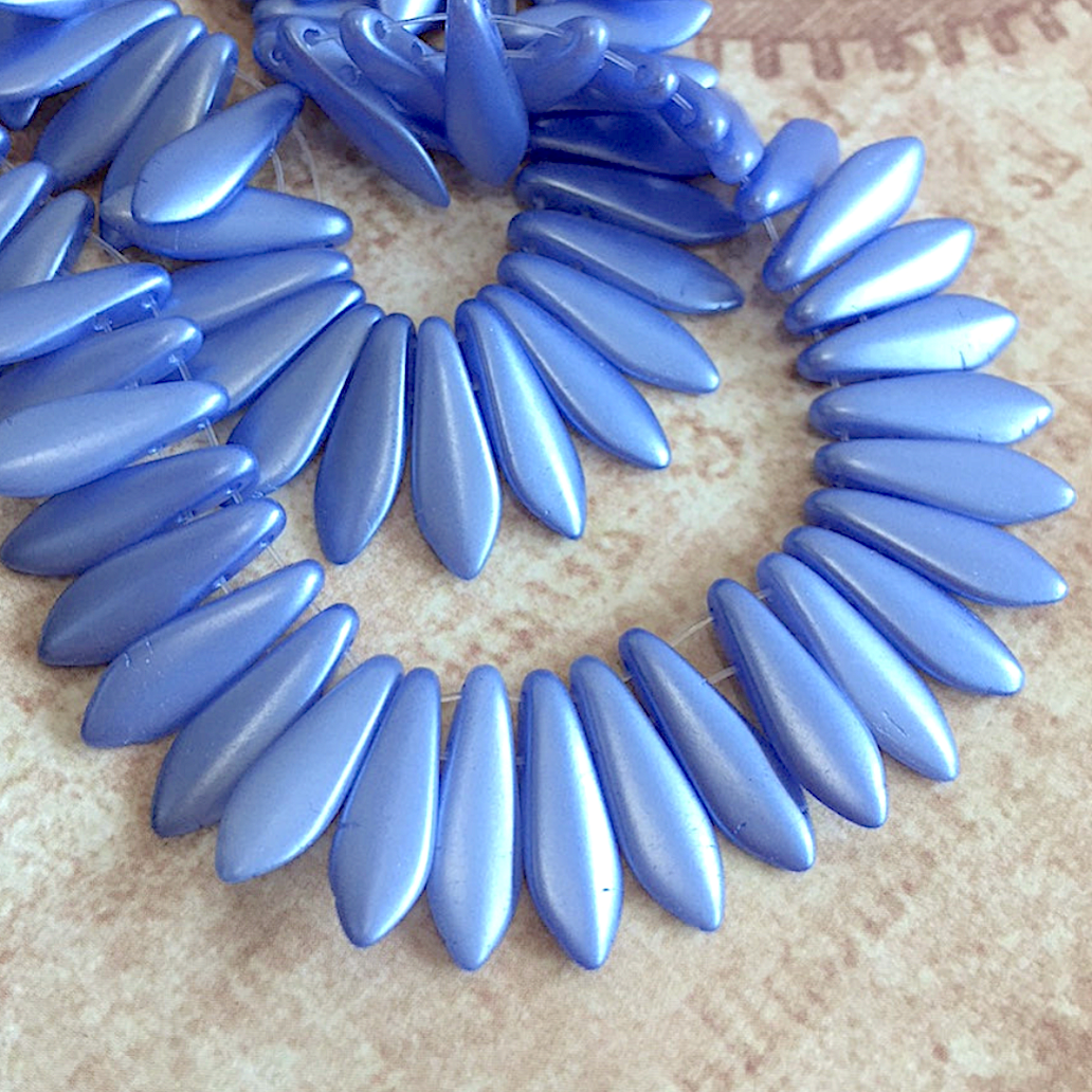 Sapphire Two Hole Dagger Beads Czech Pressed Glass Beads - Pack of 10 grams