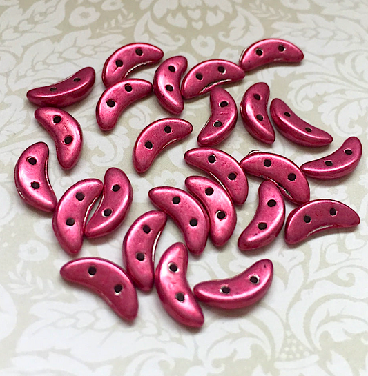 Saturated Metallic Cranberry Glass Crescent Beads 2-hole Czech Glass Beads - 50 beads