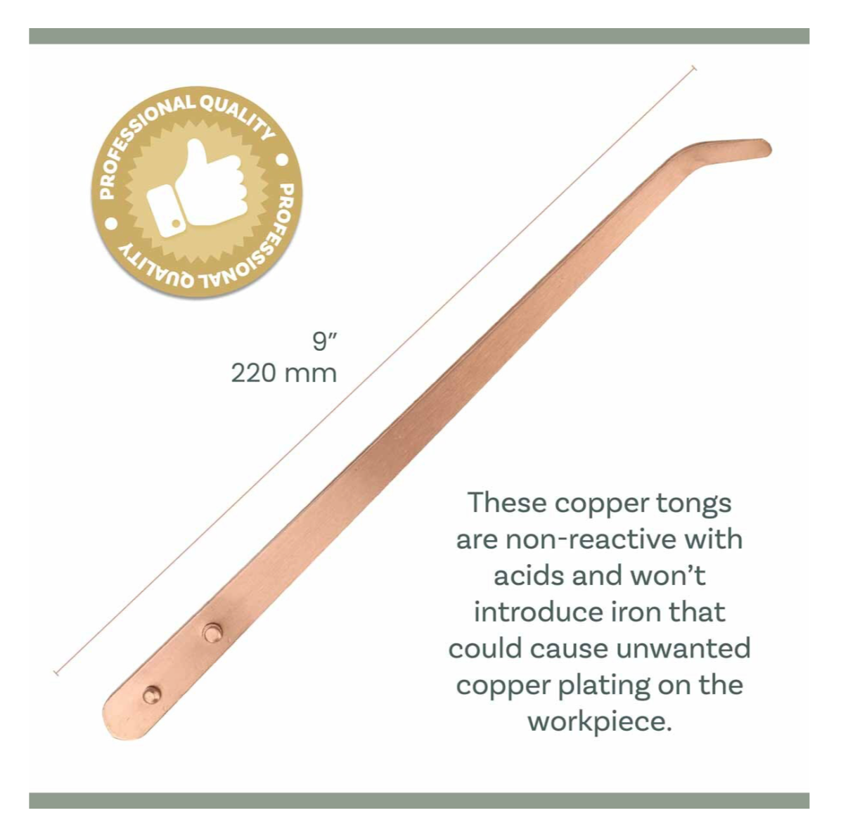Copper tongs with dimensions and material properties on a white background