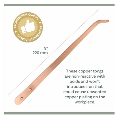 Copper tongs with dimensions and material properties on a white background