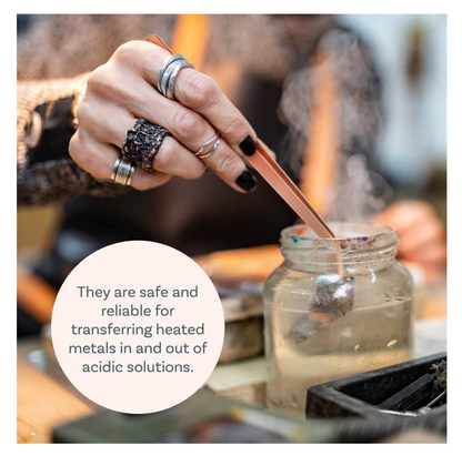 Hand with a copper tool transferring heated metal into a glass jar, with text about safety and reliability.