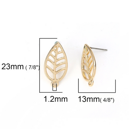 Gold Plated Leaf Ear Studs Earrings Findings Pack of 10