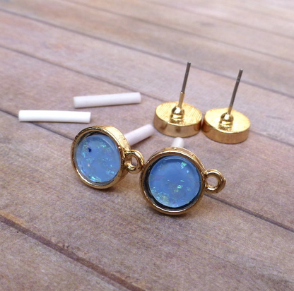 Gold Colour and Blue Resin Ear Studs Earring Components Pack of 10