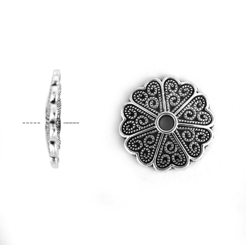 Filigree Flat Floral Bead Caps Antique Silver Colour Pack of 10