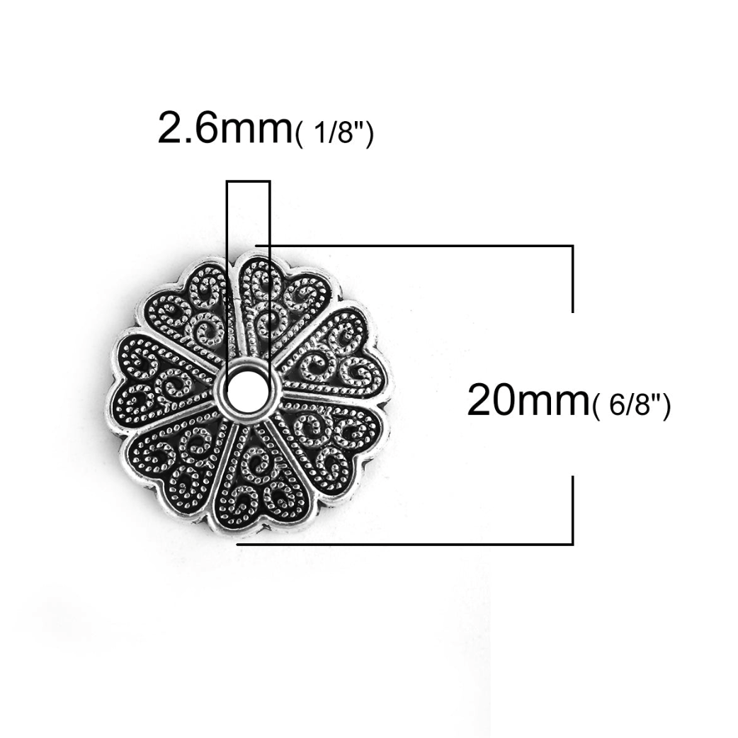 Filigree Flat Floral Bead Caps Antique Silver Colour Pack of 10