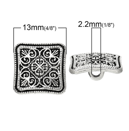 Square Metal Shank Buttons Antique Silver Colour Pack of 10