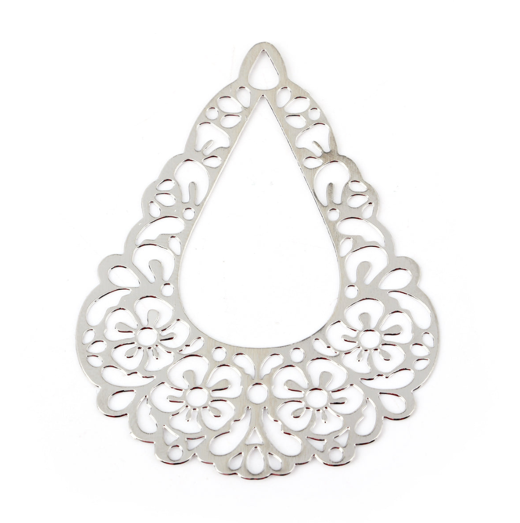Silver Colour Drop Filigree, Pendant or Earring Component - Pack of 10