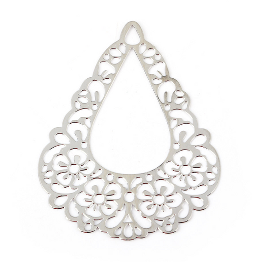 Silver Colour Drop Filigree, Pendant or Earring Component - Pack of 10