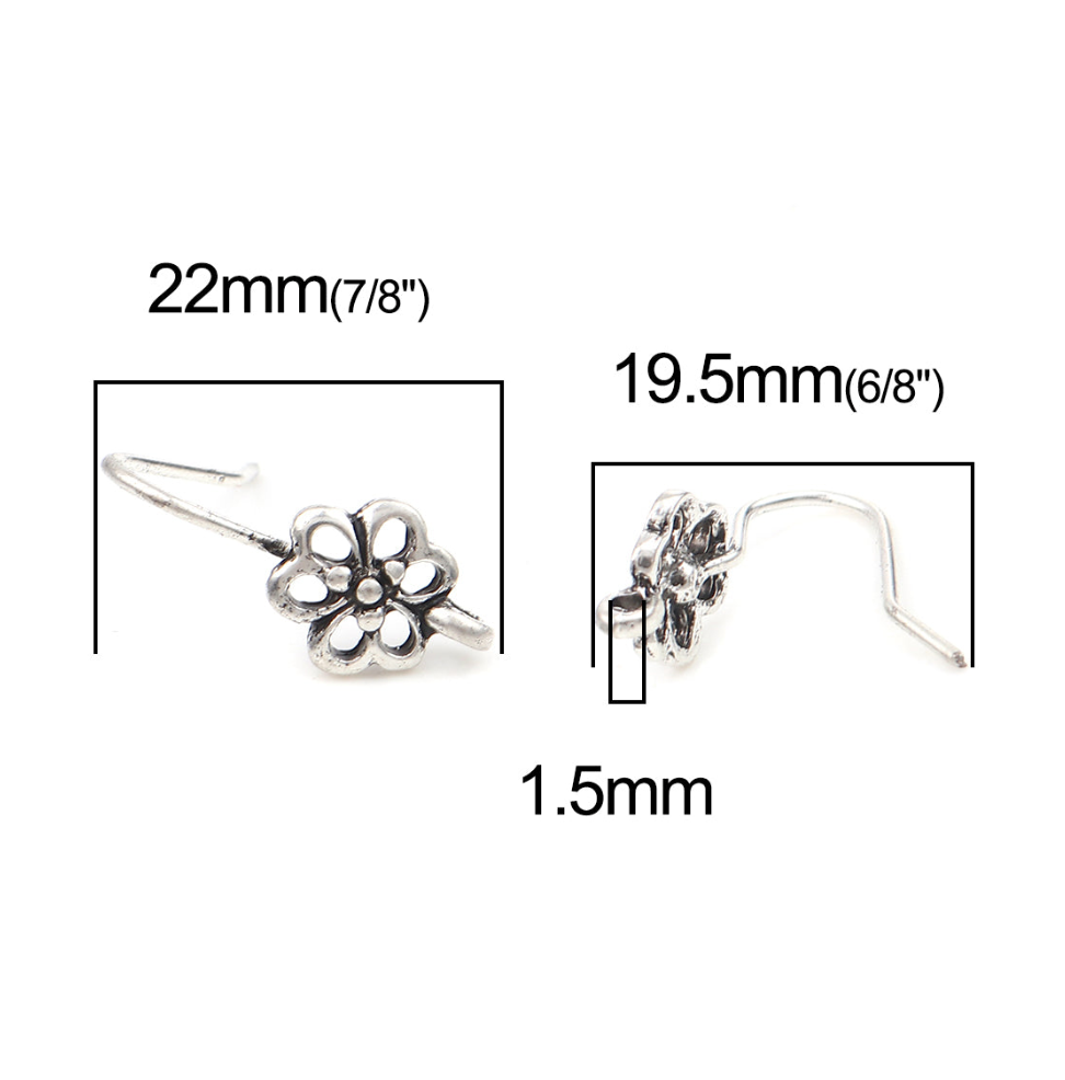 Flower Ear Wires Earring Hooks Components Antique Silver Colour - Pack of 10