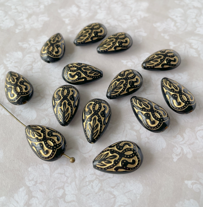 Black and Gold Plastic Teardrop Vintage Look Beads - Pack of 50