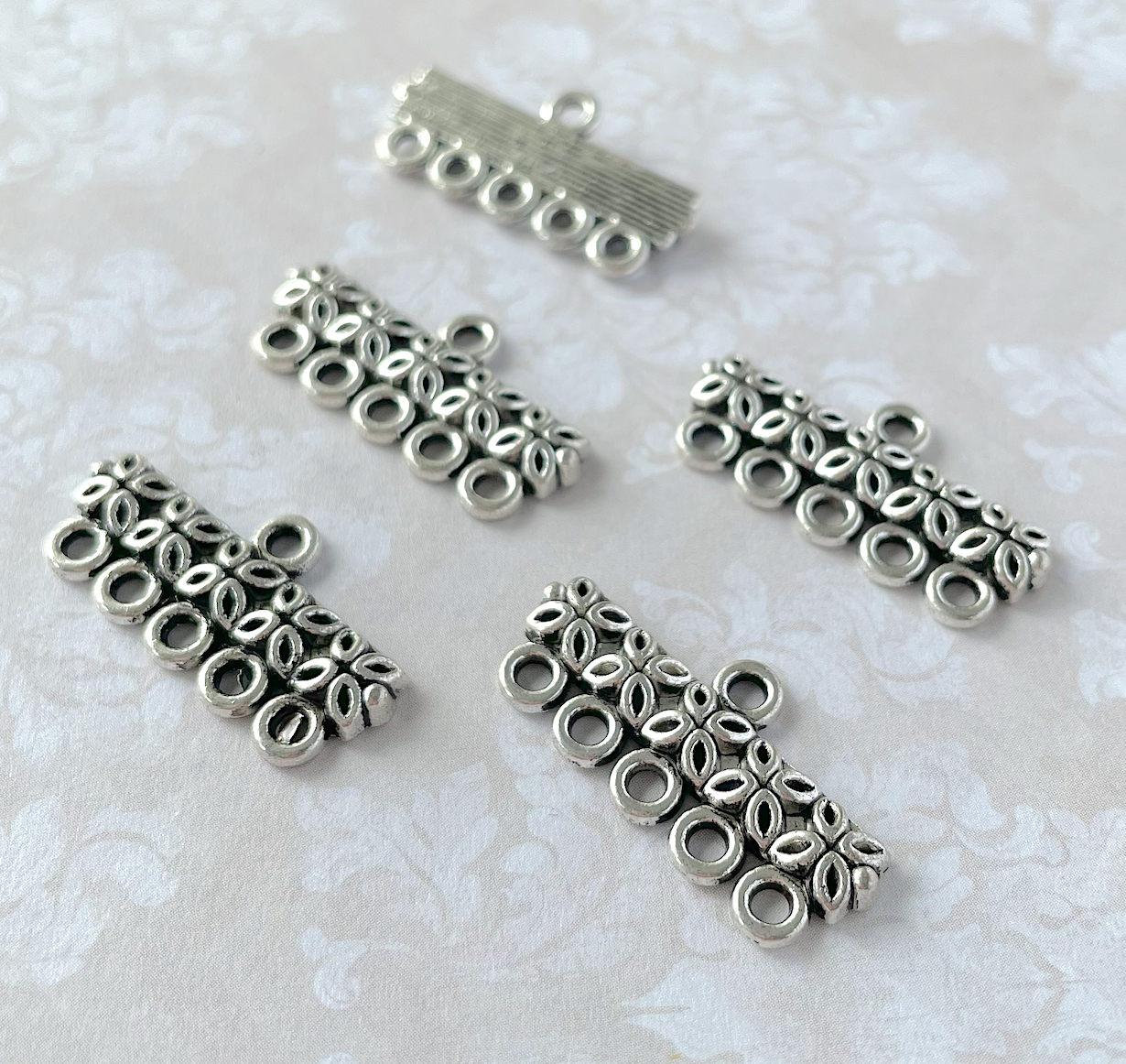 Antique Silver Multiloop Connector, Ribbon End, 5-hole Links - Pack of 10
