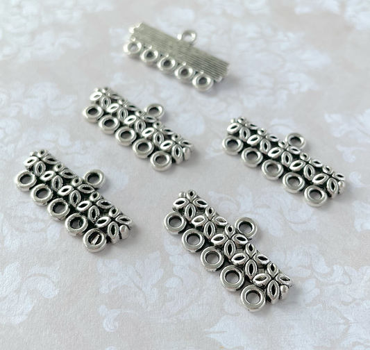Antique Silver Multiloop Connector, Ribbon End, 5-hole Links - Pack of 10