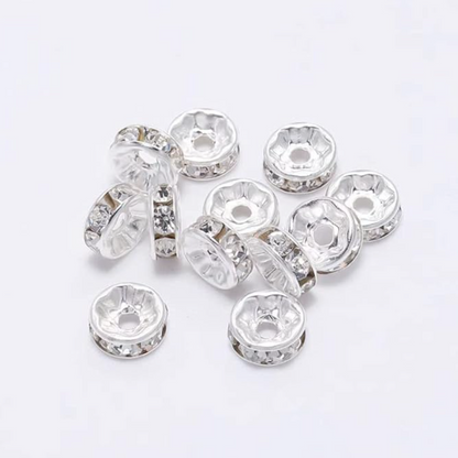 Rondelle Spacer Beads Silver and Rhinestone Metal Beads - Pack of 20