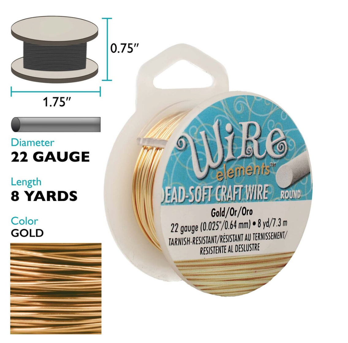 A spool of gold cord craft wire shown on a white background with product details and a color sample. The spool label reads 'Wire elements' and 'Gold/Dor/Ore', and the left side includes a dimension diagram showing 1.