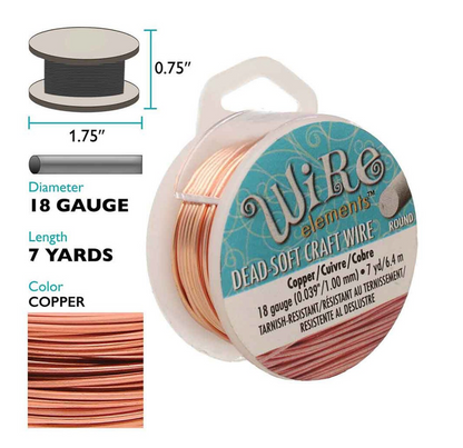 A spool of Wire elements Dead Soft Craft Wire in copper, shown alongside informational graphics detailing its dimensions (1.75" x 0.
