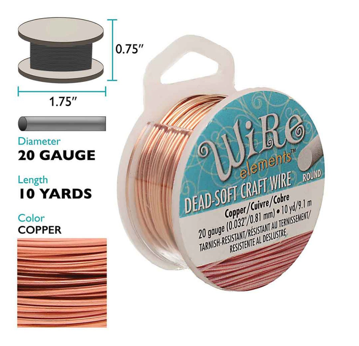 A spool of copper wire labeled 'Wire elements Dead-Soft Craft Wire' on a white background, with dimension callouts showing 1.75" diameter, 0.
