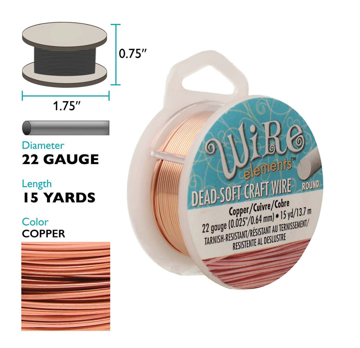 A spool of copper-colored craft wire shown on a white background with product details and dimensions. The spool label reads 'Wire elements' and 'Dead-Soft Craft Wire,' with text indicating 22 gauge, 15 yards, and copper color.