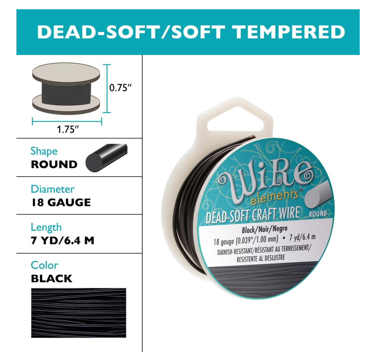 Wire elements Dead-Soft Craft Wire spool in black, shown alongside a dimension diagram and color swatch on a white background.
