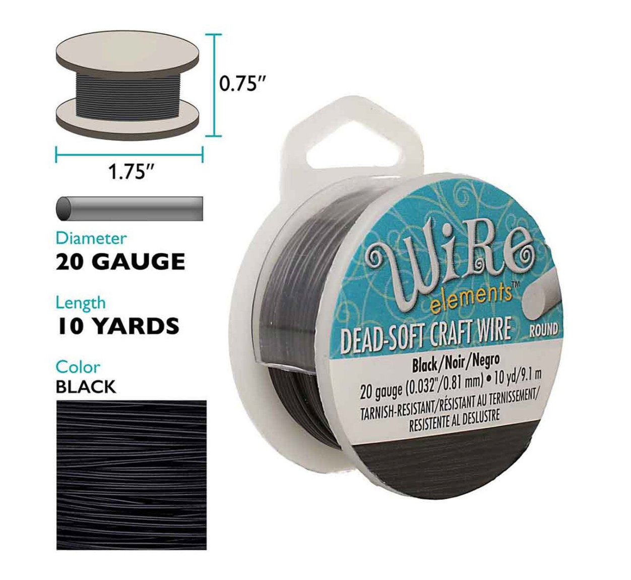 Wire elements Dead-Soft Craft Wire in black, 20 gauge, 10 yards, spool with product details, dimensions, and a texture swatch on a white background.