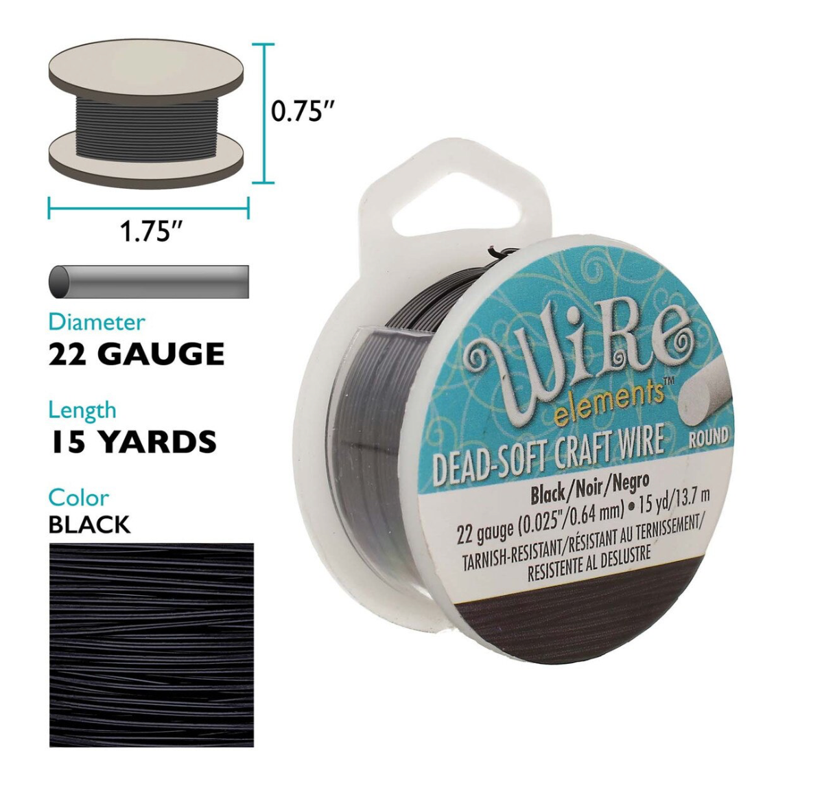 A spool of Wire elements Dead-Soft Craft Wire in black, 22 gauge, 15 yards long, shown alongside dimension diagrams (0.75 inches diameter by 1.