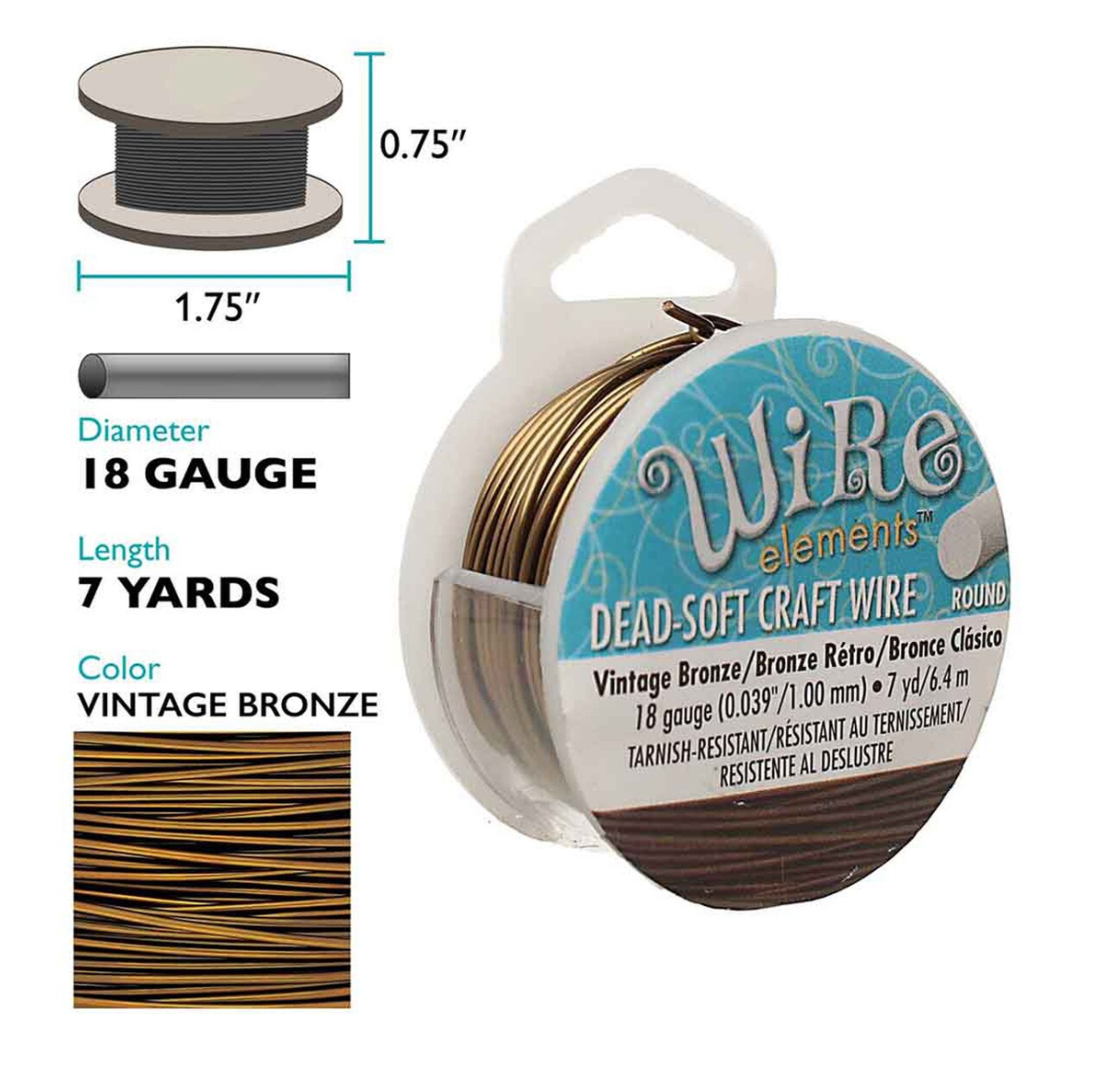 A spool of Wire elements Dead-Soft Craft Wire in Vintage Bronze color, 18 gauge, 7 yards. The image includes dimension diagrams showing the spool's 1.