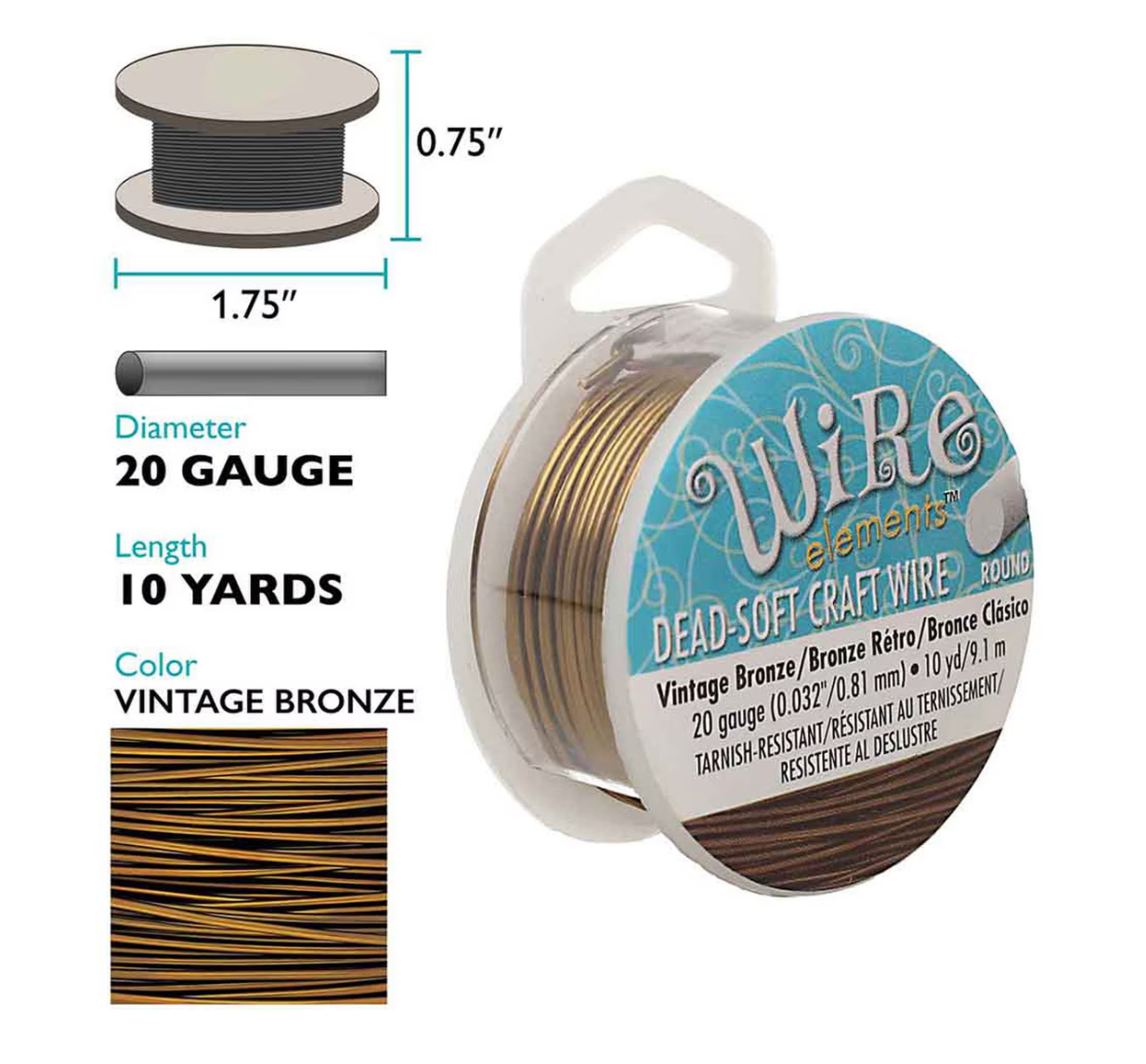 A spool of Wire Elements Dead Soft Craft Wire in Vintage Bronze, shown alongside dimension diagrams (diameter 20 gauge, length 10 yards, height 0.75 inches, width 1.