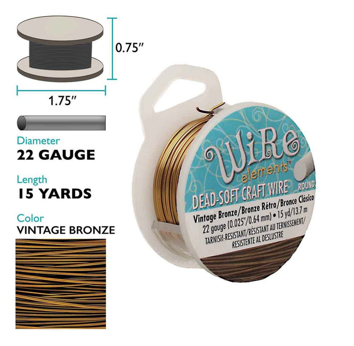 A spool of Wire elements Dead-Soft Craft Wire in Vintage Bronze color, 22 gauge, 15 yards long, shown on a white background with dimension and color details.