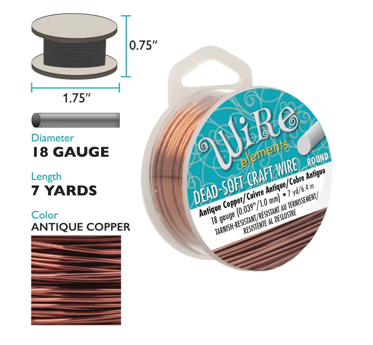 A spool of Wire Elements Dead-Soft Craft Wire in antique copper, shown alongside dimension and color details. The spool features a teal and white label, and the image includes a small inset showing the wire's color and a close-up of the copper strands.