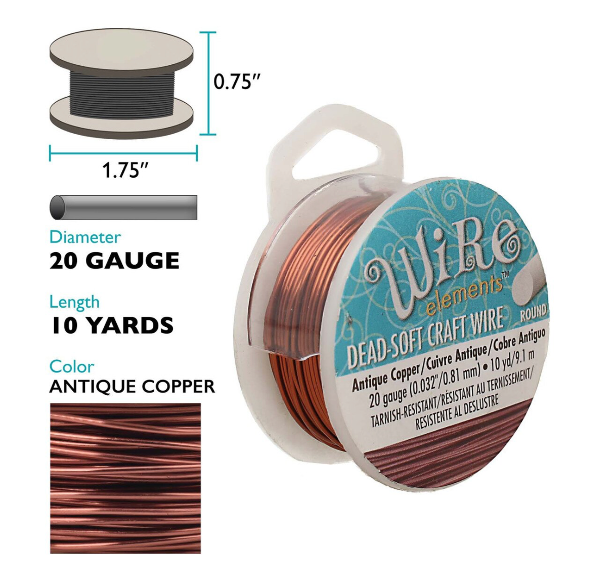 A spool of Wire elements Dead-Soft Craft Wire in Antique Copper, shown alongside dimension diagrams (diameter 0.75 inches, length 1.